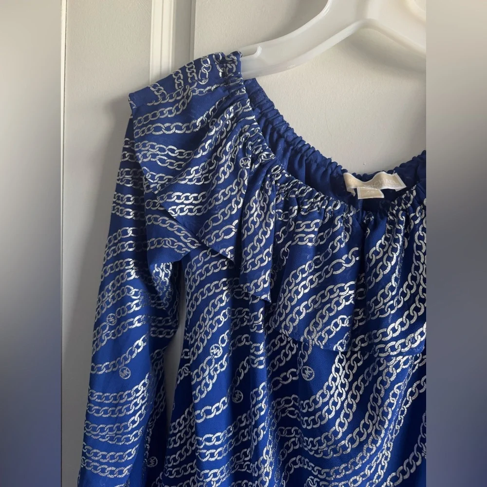 Michael Kors Royal Blue Off-Shoulder Ruffle Blouse with White Wave Print